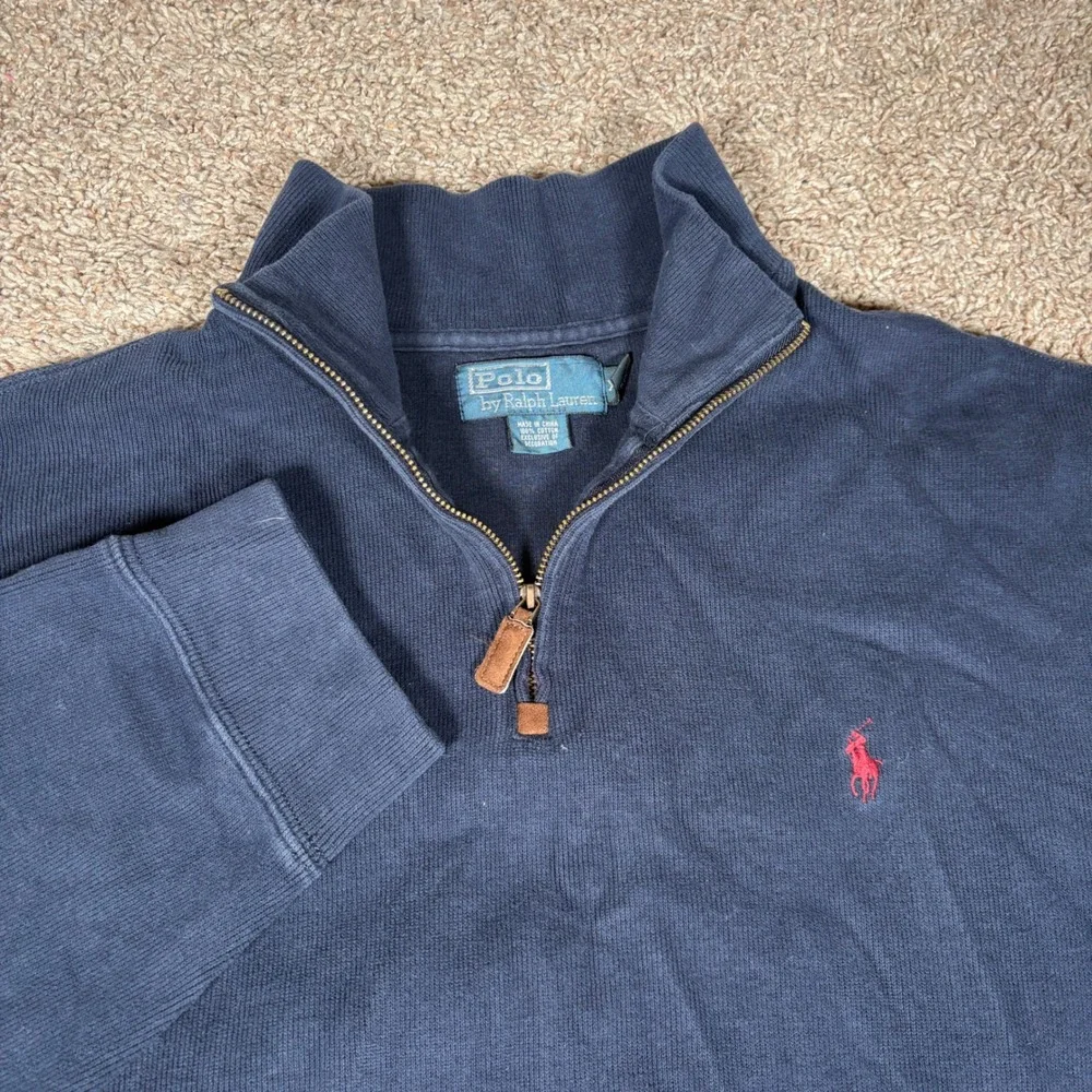 Polo Ralph Lauren Navy Blue‎ Quarter Zip Pullover Sweater Mens XXL Red Pony Logo
